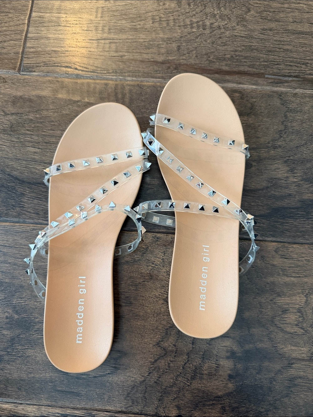 Madden Girl Nude Slide Sandals with Clear Studded Straps